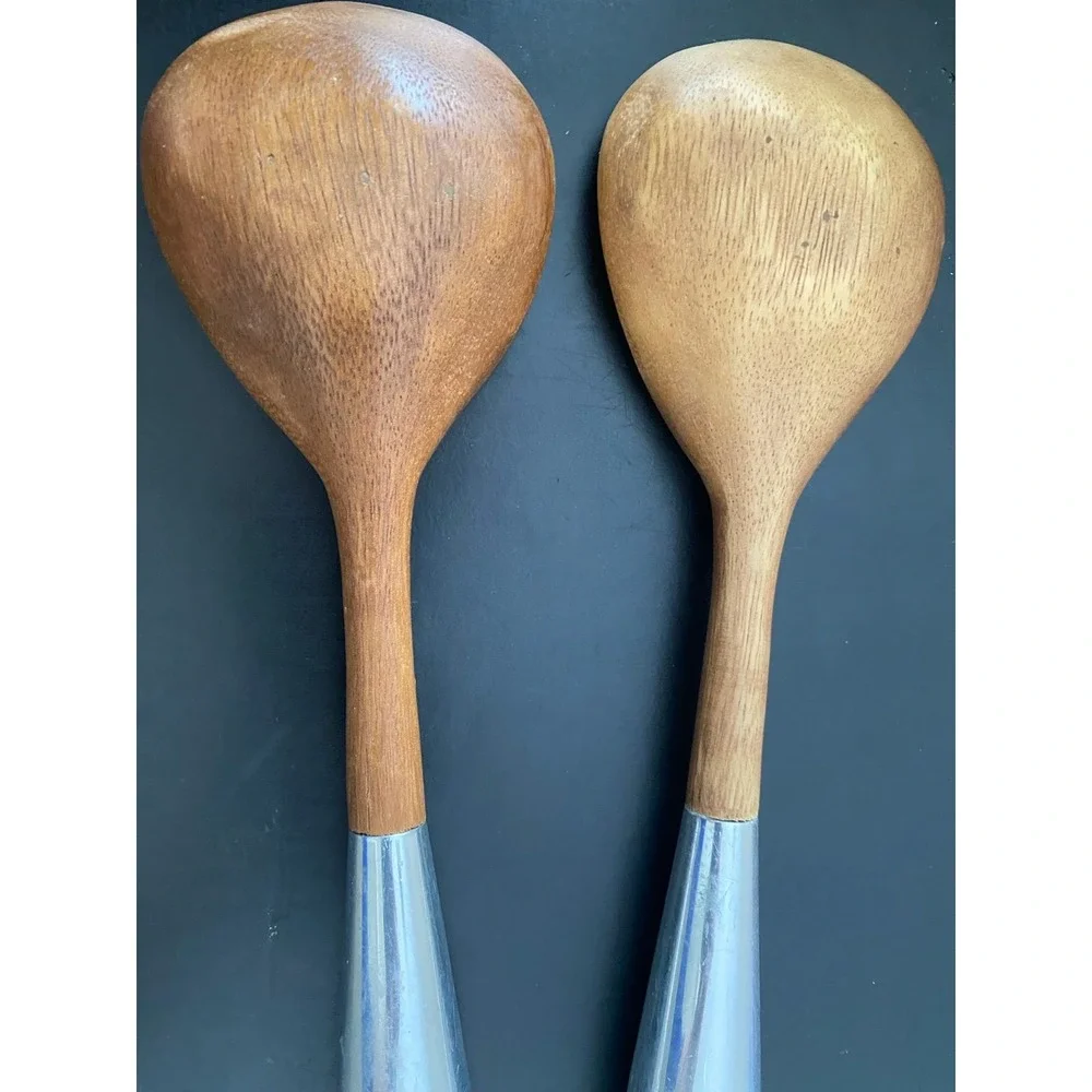 Heavy Wood & Metal Serving Spoons Set Vintage Possibly Nambe K3